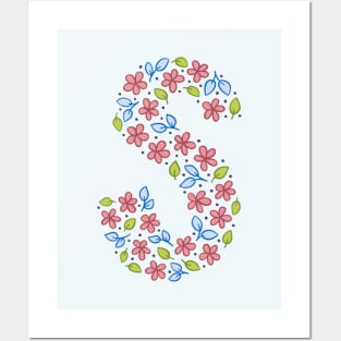 Floral Monogram Letter S - pink and blue Posters and Art